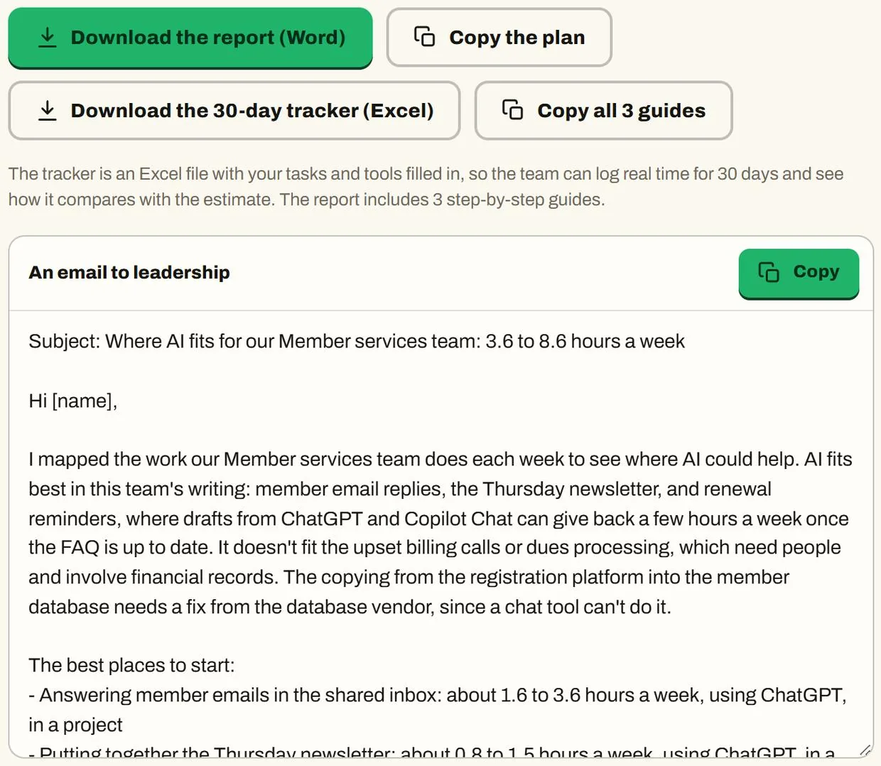 Where AI Fits' share step with the download buttons and a draft email to leadership.