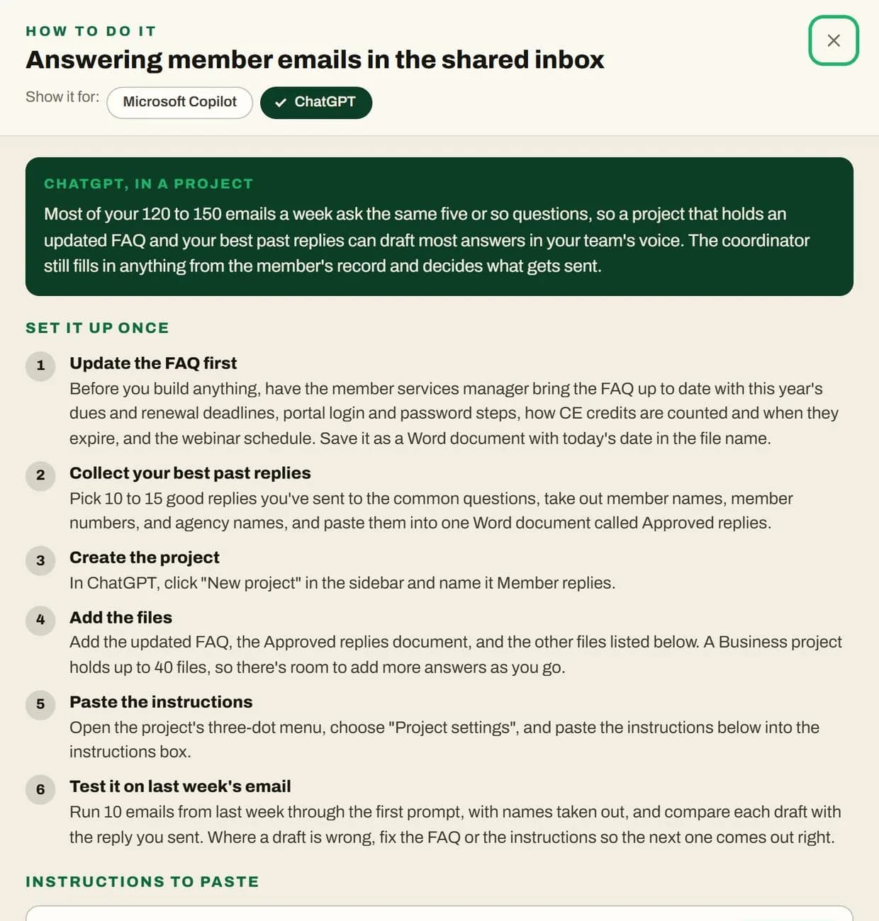A step-by-step guide in Where AI Fits for answering member emails in a ChatGPT project, with setup steps.