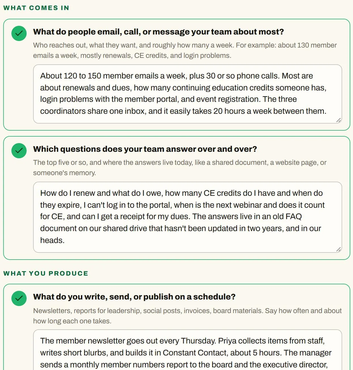 Where AI Fits' questions about a typical week, with made-up answers about member emails, FAQs, newsletters, and meetings.