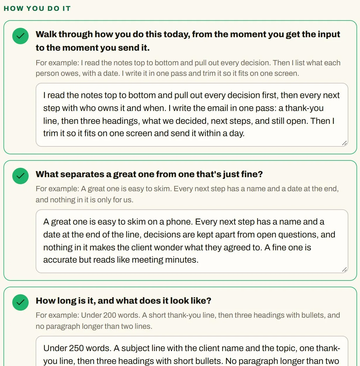 Skill Builder's eight questions about how the person does the task, with checkmarks on the answered ones.