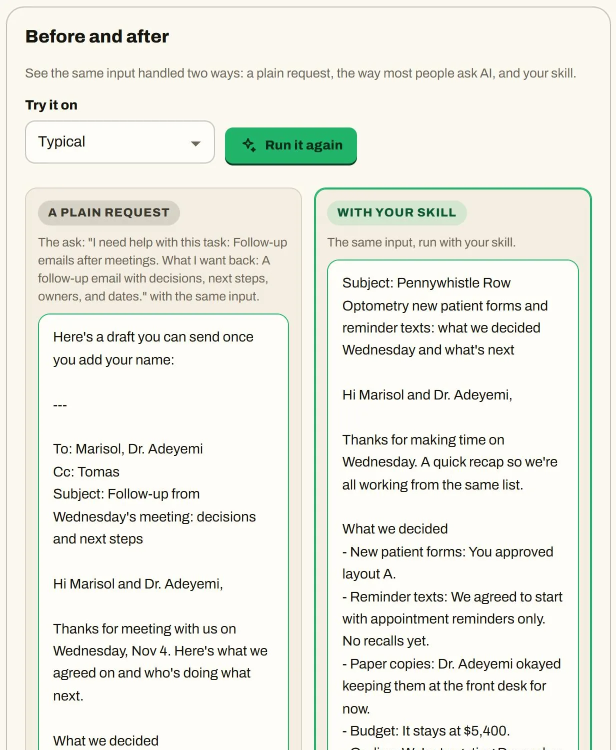 Skill Builder's before and after for a made-up example: a plain AI request on the left and the same meeting notes run with the finished skill on the right.