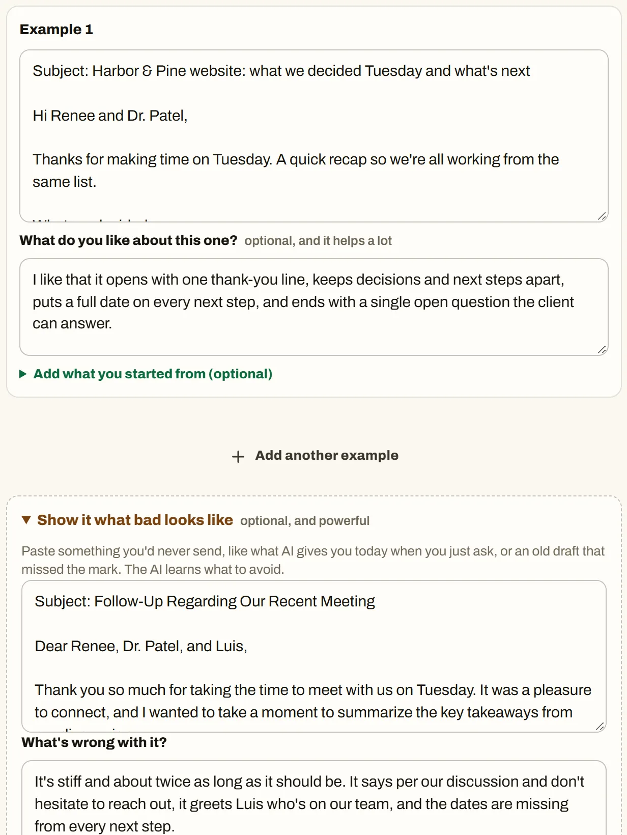 Skill Builder's second step with a made-up finished email, a note on what the person likes about it, and an example of a stiff, overlong email to avoid.