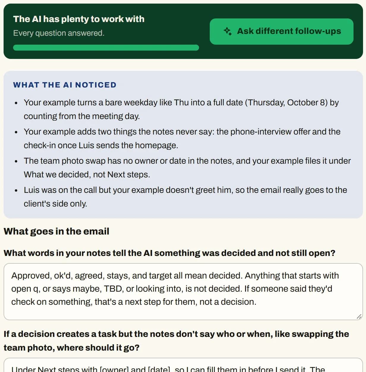 The AI's follow-up questions in Skill Builder, with a list of what it noticed in the made-up example.