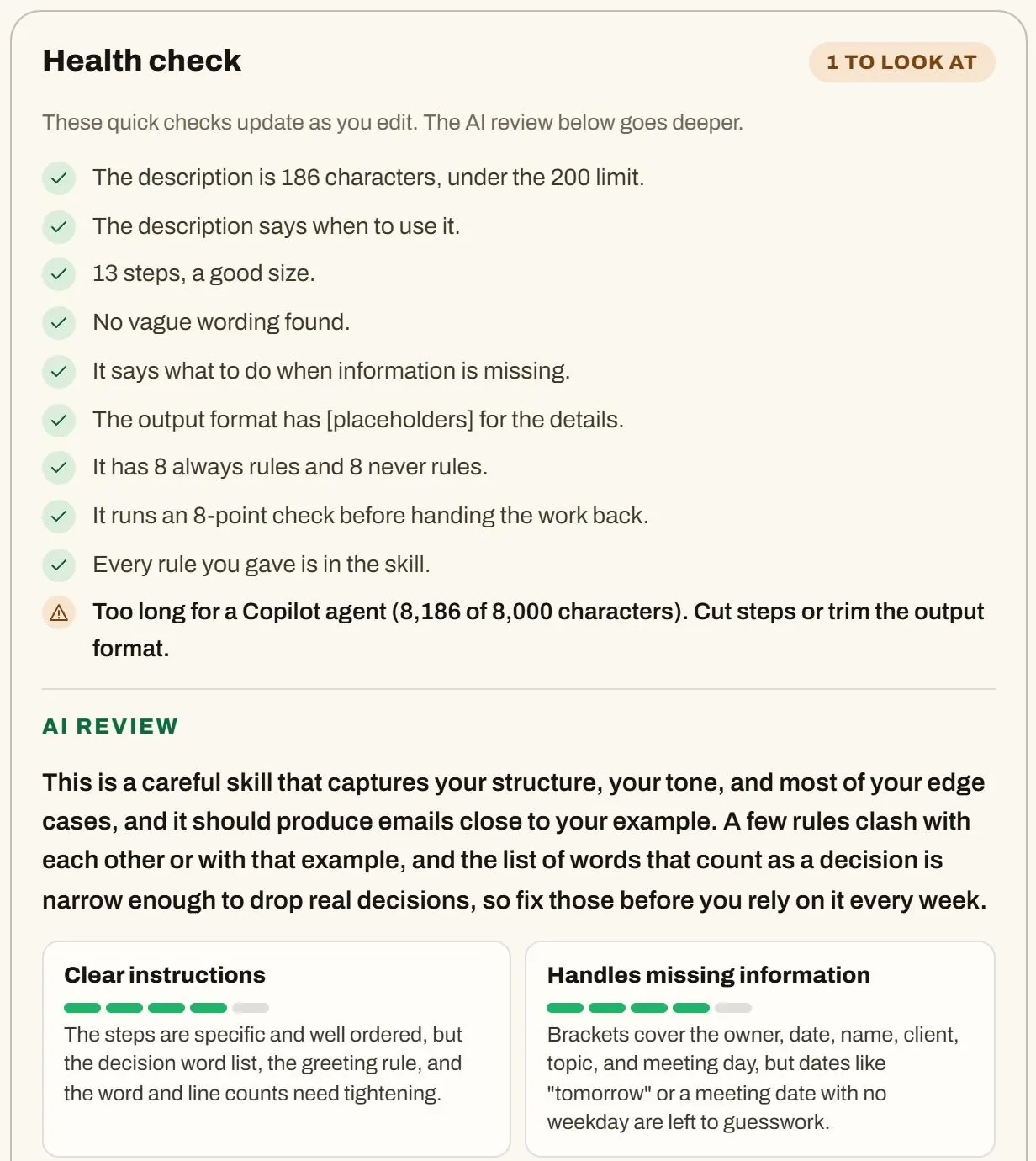 Skill Builder's health check: a list of quick checks, then an AI review with scores and the first suggested fix.