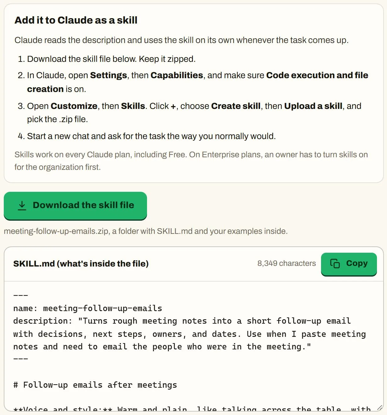 Skill Builder's install step for Claude, with the download button and the contents of the skill file.