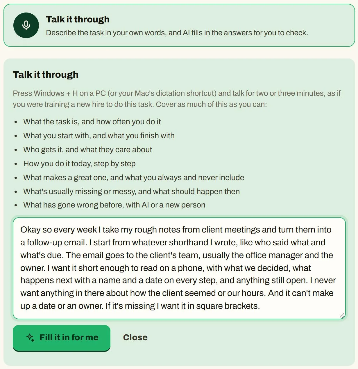 Skill Builder's Talk it through box, holding a made-up description of a weekly follow-up email task.