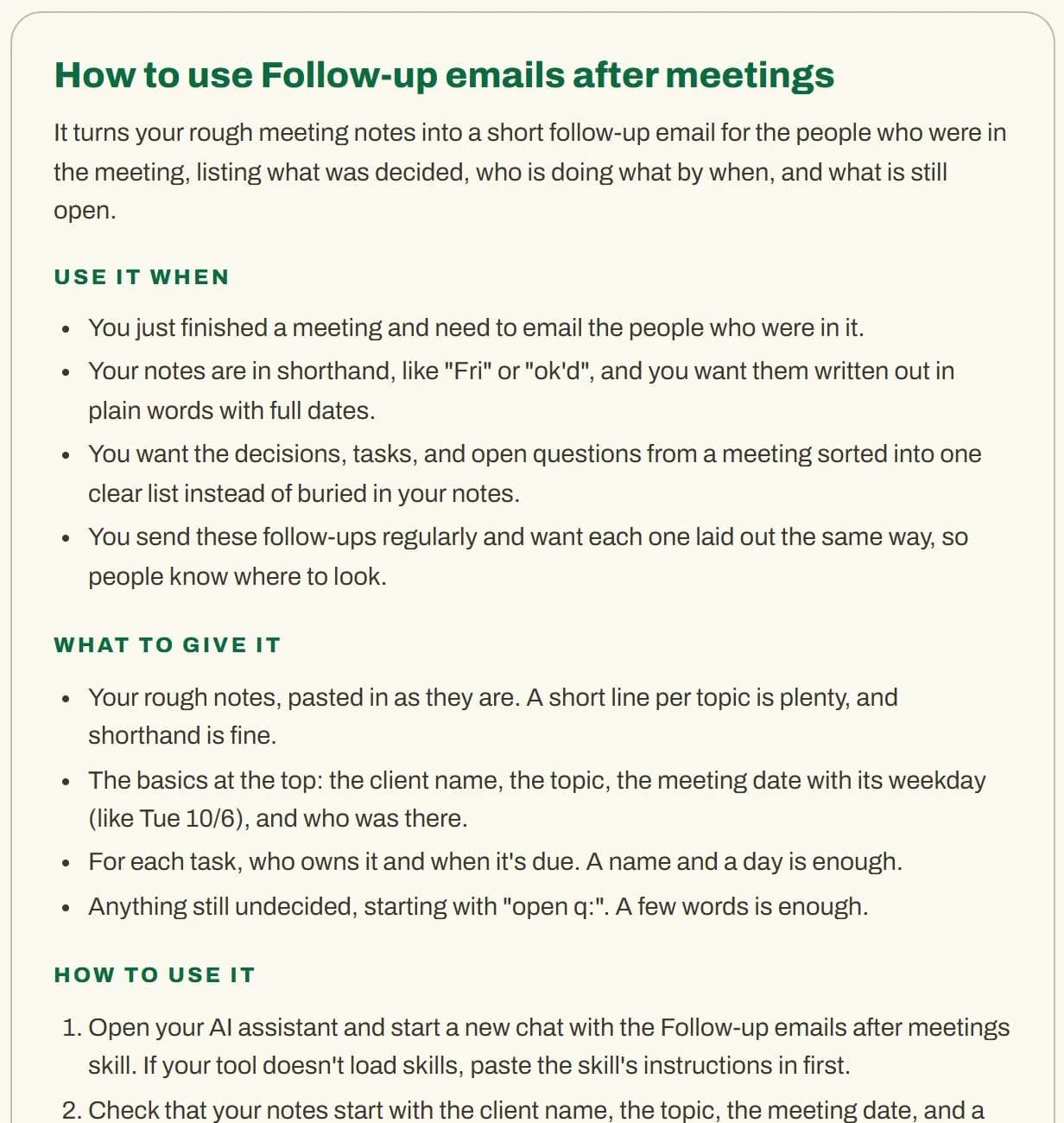 A preview of the team handout Skill Builder wrote for the made-up skill.