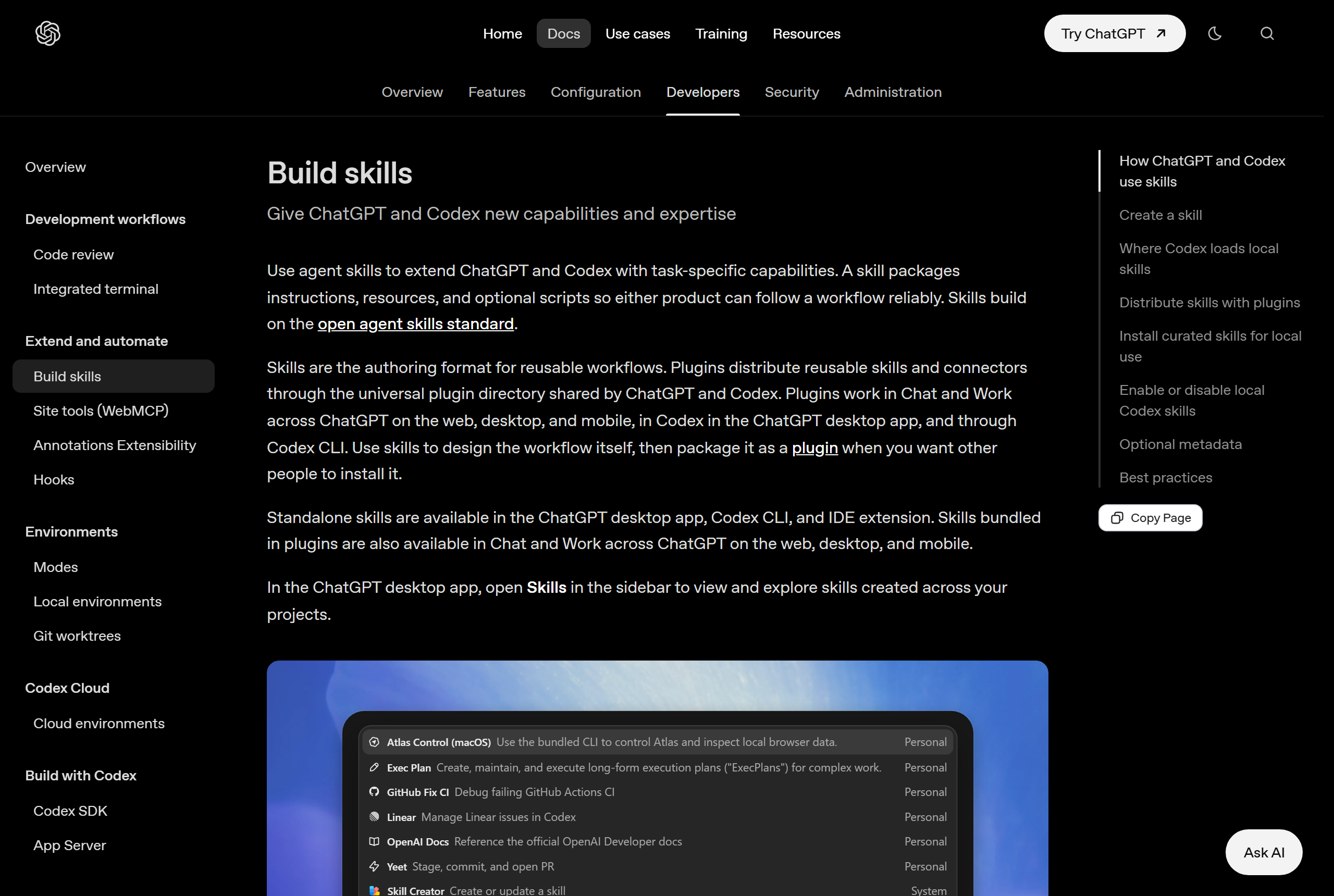 OpenAI's own page: standalone skills are available in the ChatGPT desktop app, and skills bundled in plugins work in Chat and Work.