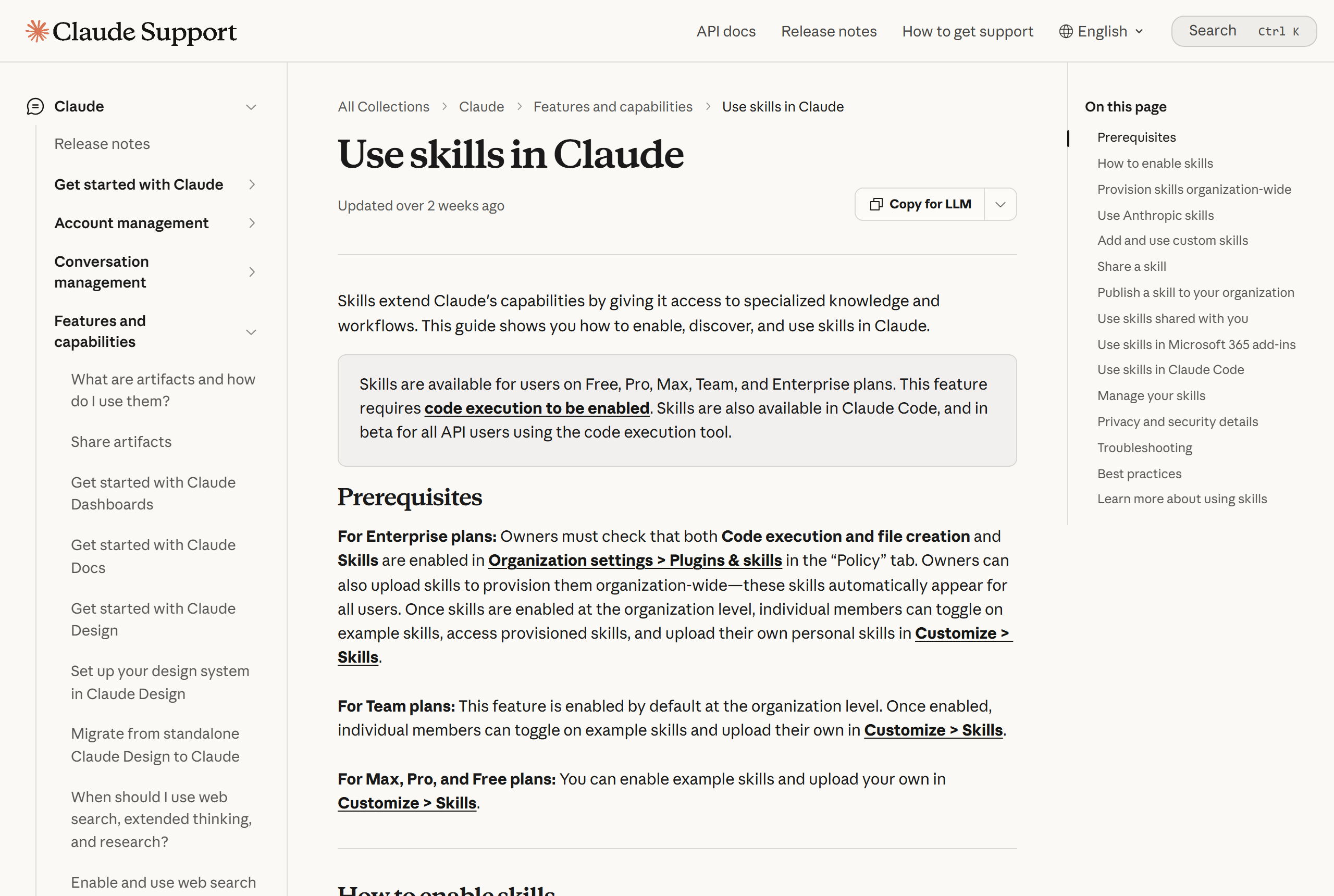 Claude's help page: skills work on Free, Pro, Max, Team, and Enterprise plans and need code execution turned on.