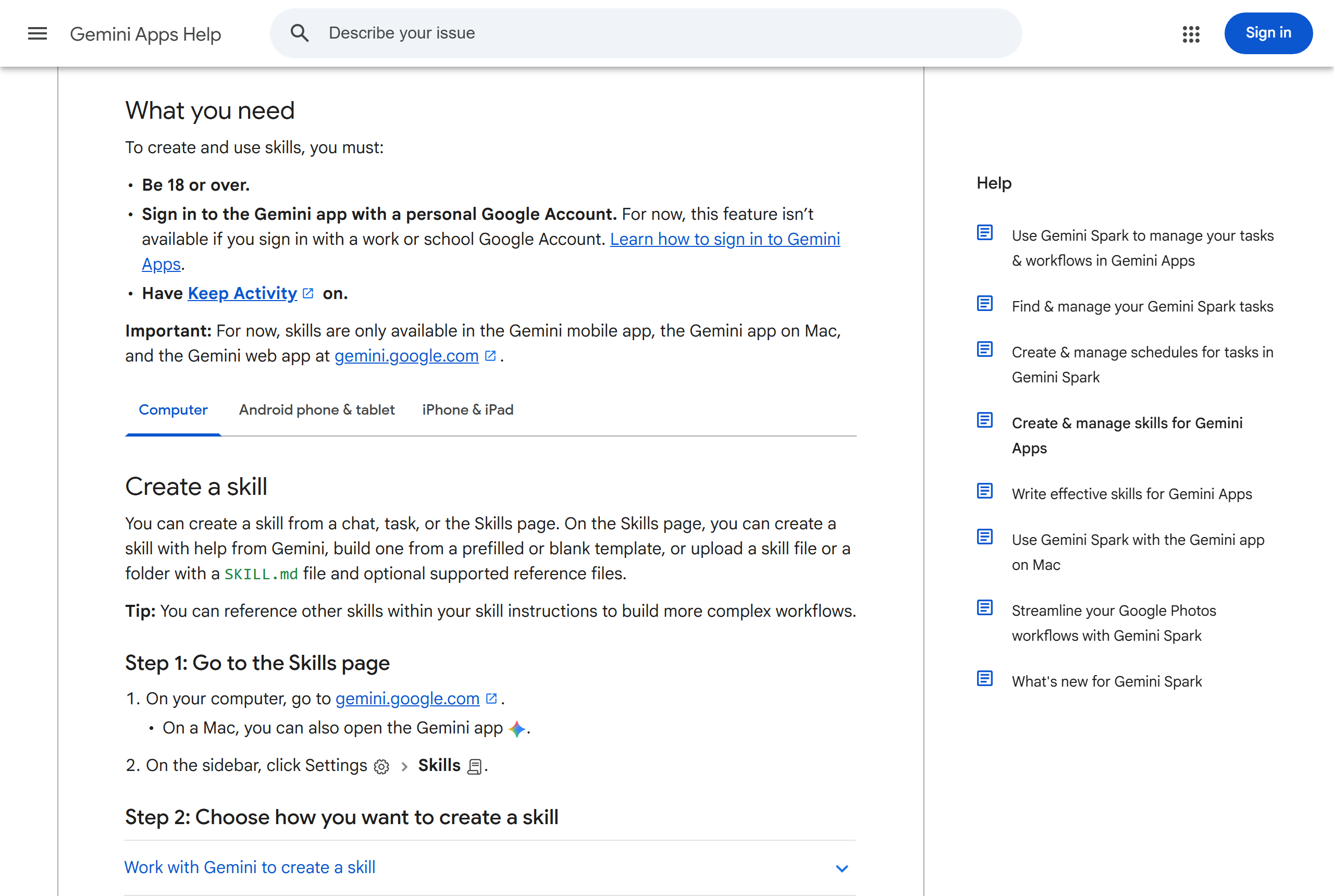 Google's help page: what you need, then Step 1, go to Settings, then Skills.