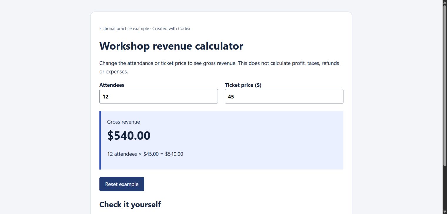 The actual Codex-created calculator with 12 attendees at 45 dollars