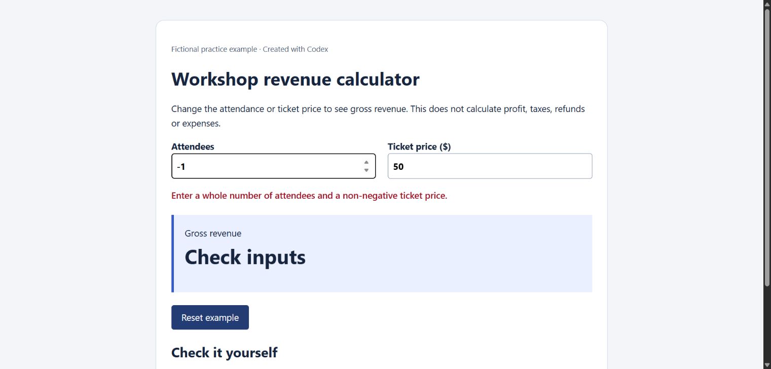 The calculator shows an error for negative attendees