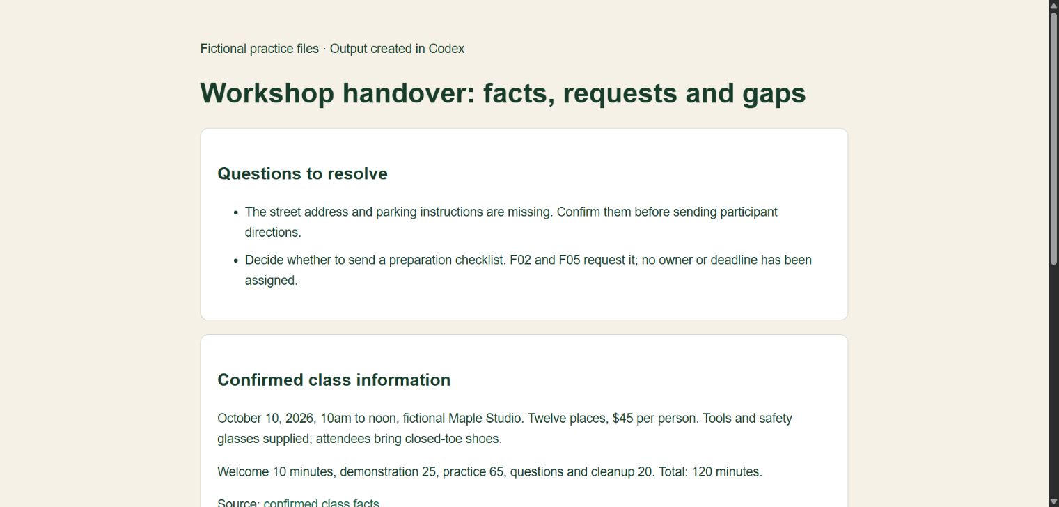 The actual Codex handover document with unresolved questions first
