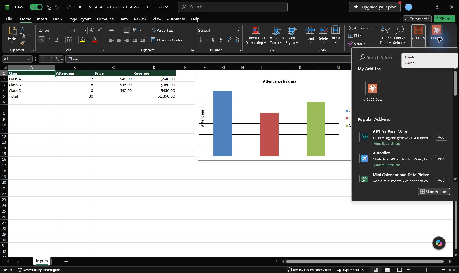 The installed add-ins menu in Excel