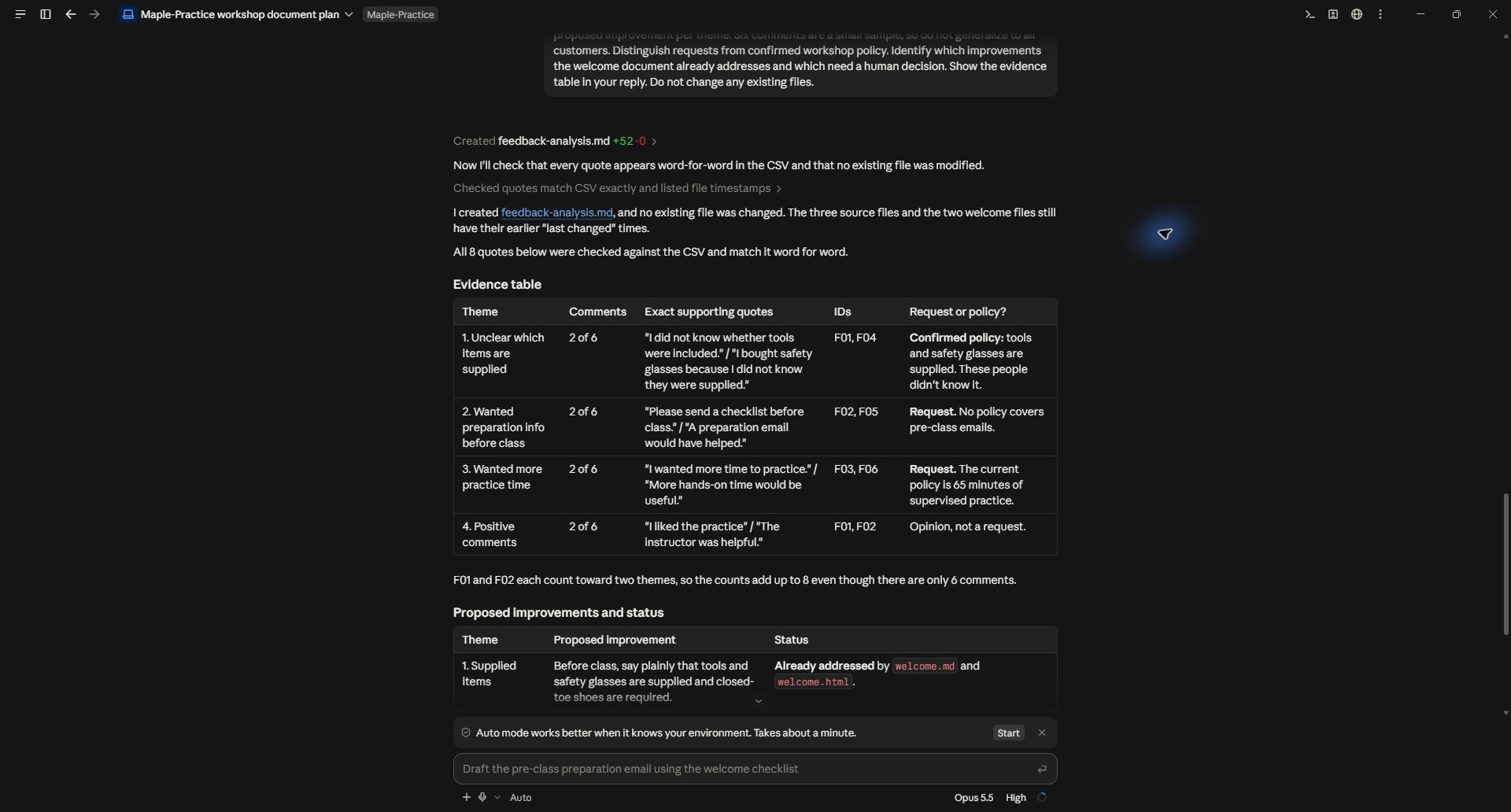 Evidence table with counts, quotes and feedback IDs