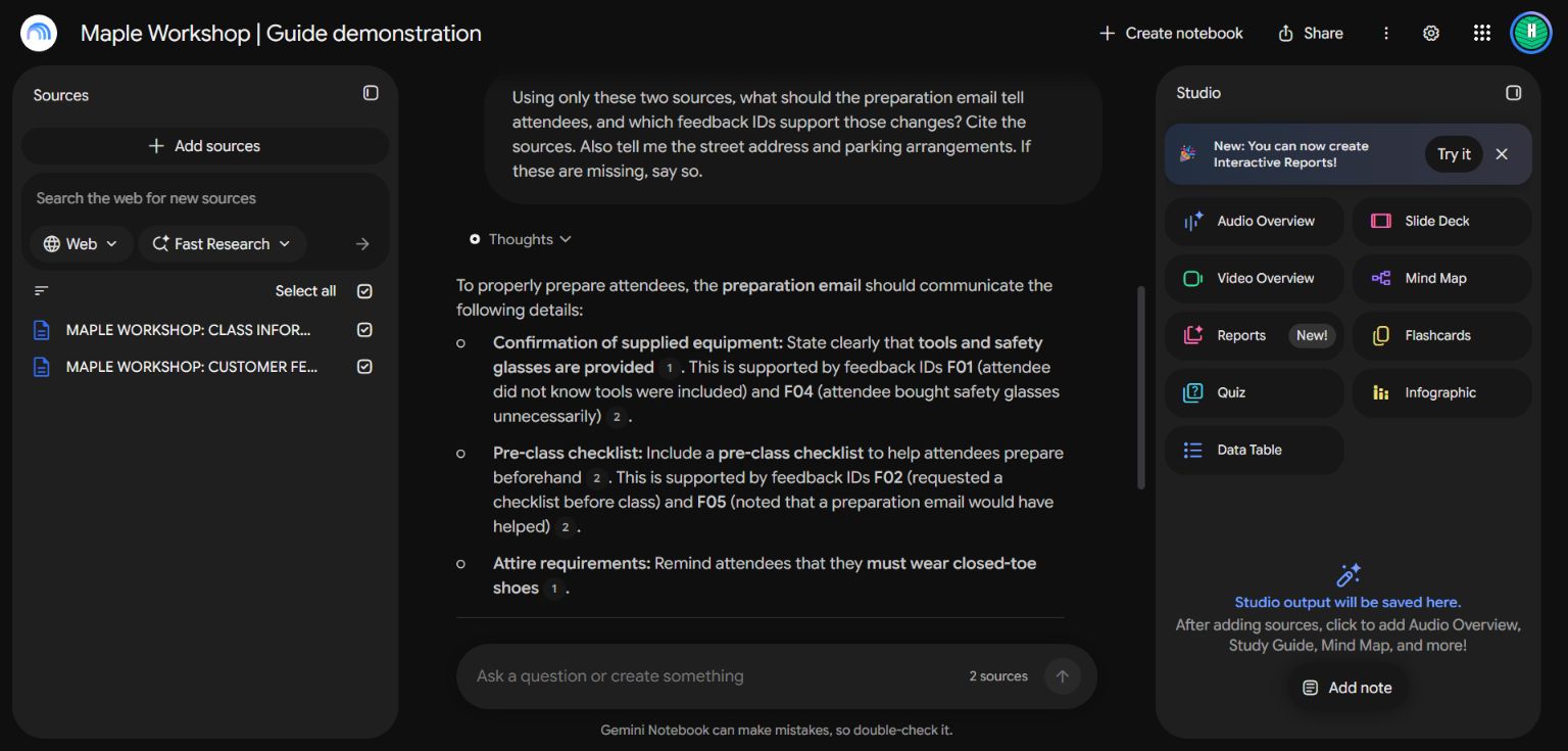 Real notebook with two selected sources and a cited answer