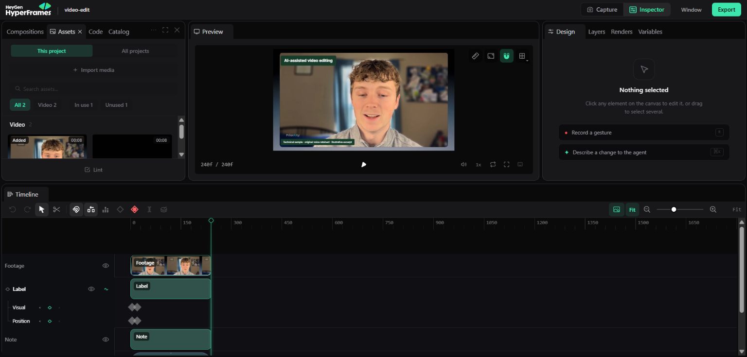 The actual Hyperframes project with source and output assets