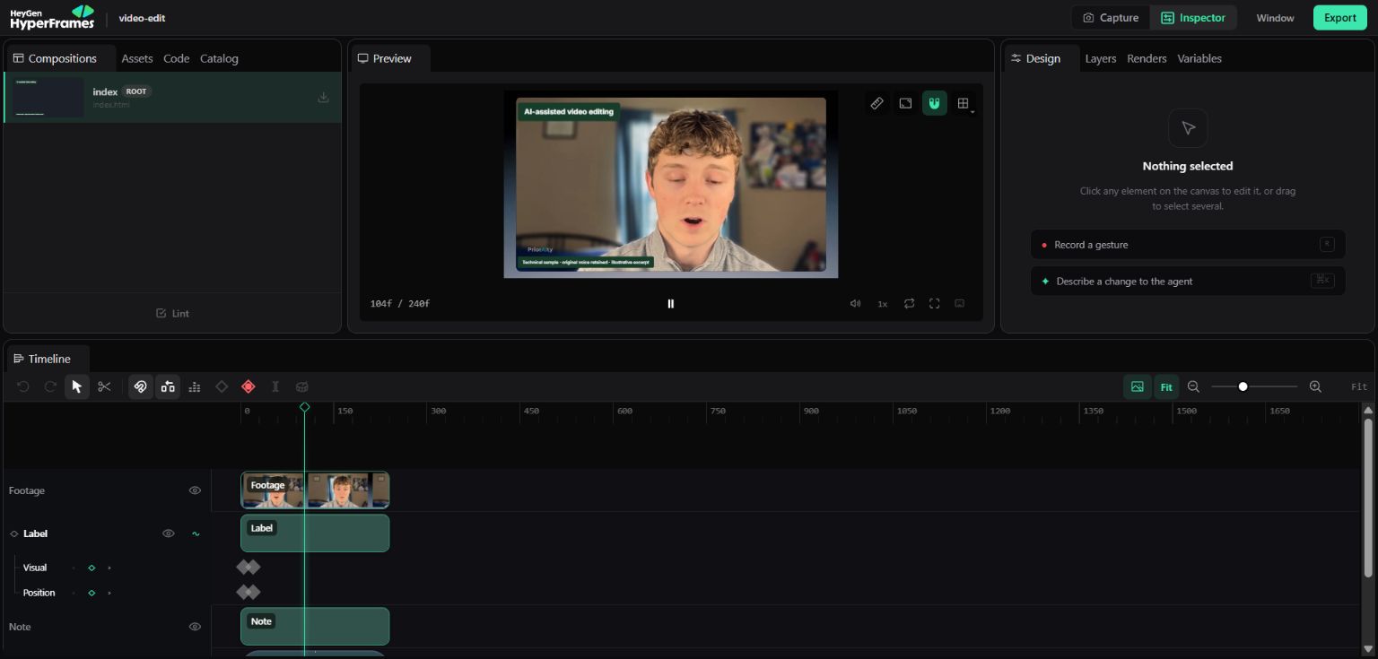 The real sample playing in Hyperframes Studio with its timeline visible