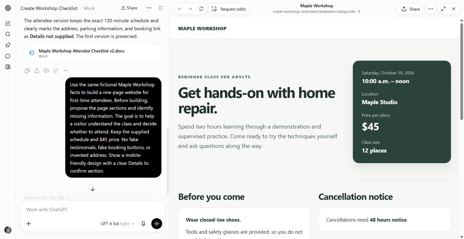 The generated website open beside the Work conversation