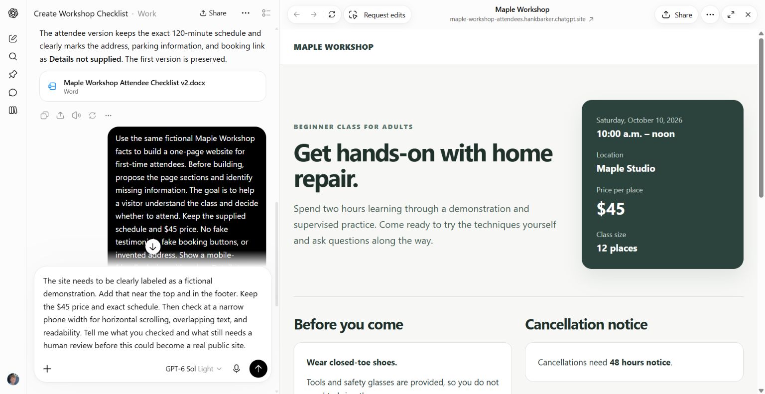 A precise revision request beside the first website version
