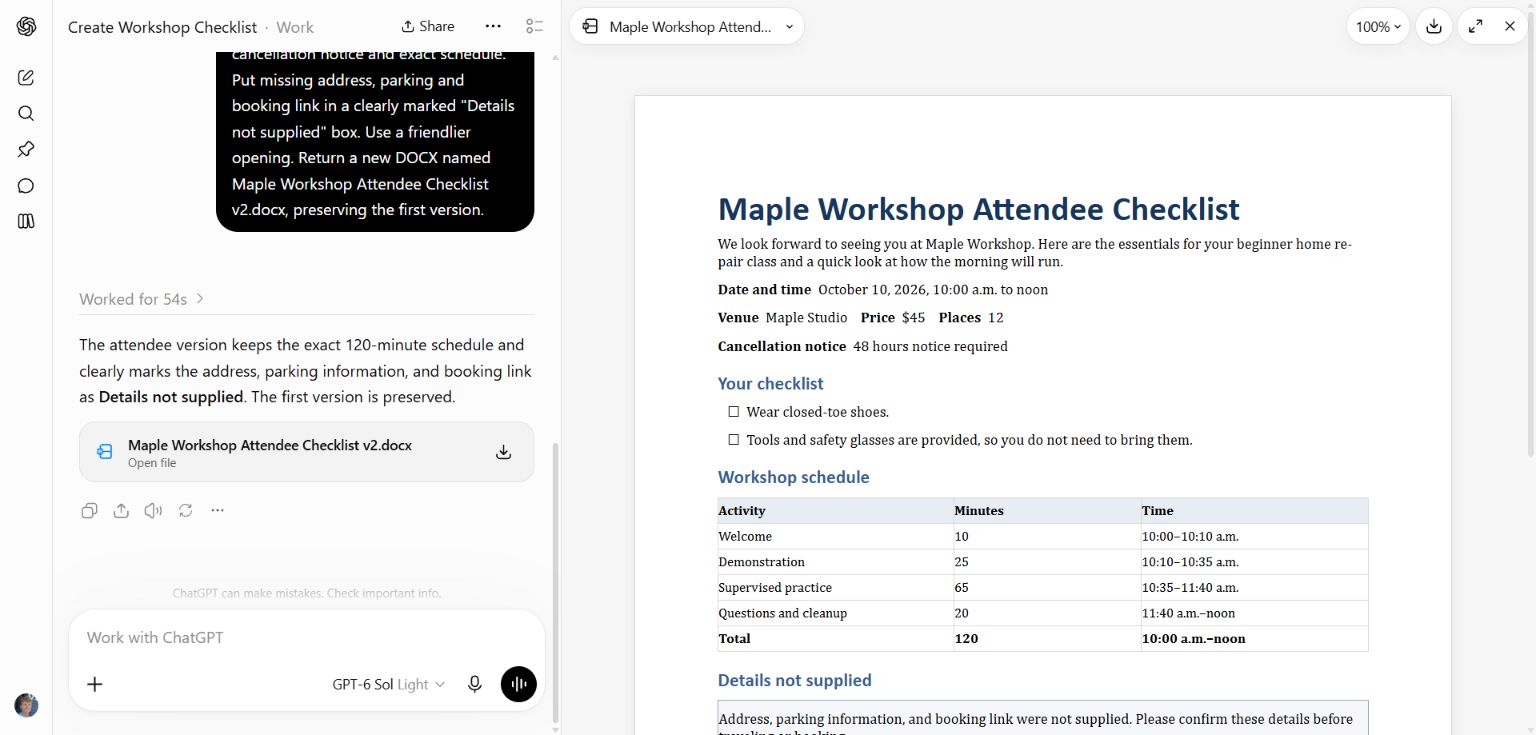 The revised attendee checklist in ChatGPT Work's document preview