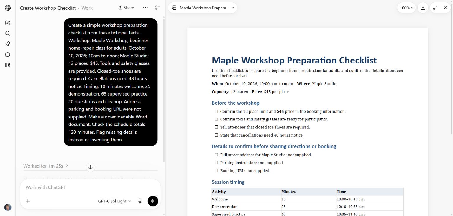 The first Work result contains organizer-oriented checklist items
