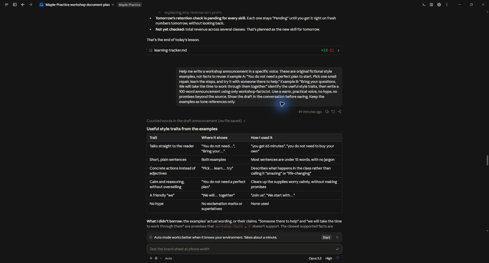 Writing request with examples and a separate factual source