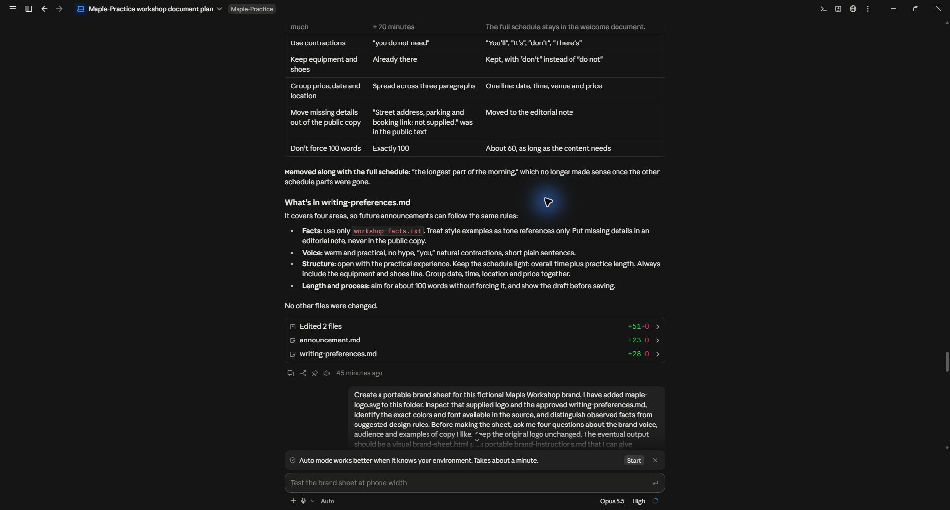 Reusable writing preferences saved beside the approved draft