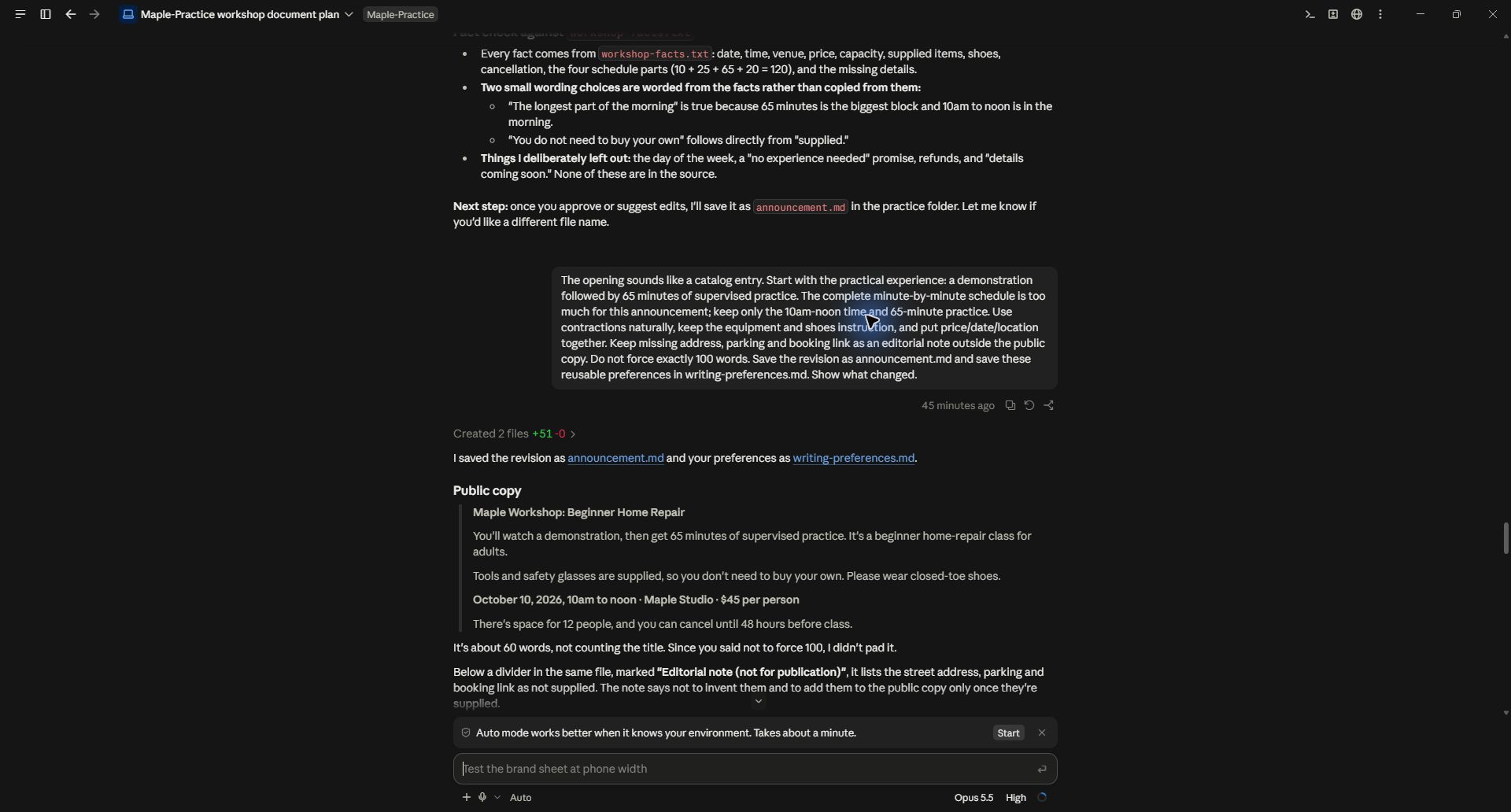 Specific feedback on the opening, detail, structure and wording
